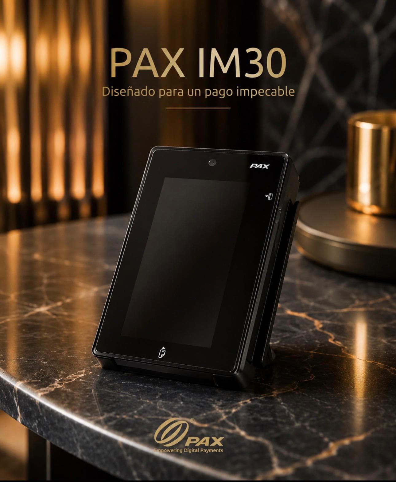 PAX IM30 sobre mesa de lujo para terminales desatendidos de ATM SERGES Group